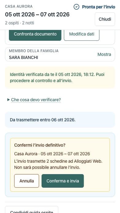 Riepilogo mobile di Casa Aurora per confermare l’invio di due schedine demo ad Alloggiati Web