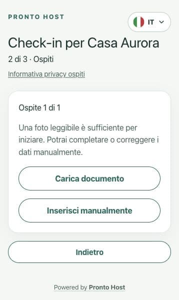 Versione mobile del check-in di Casa Aurora con i pulsanti per caricare il documento e inserire i dati