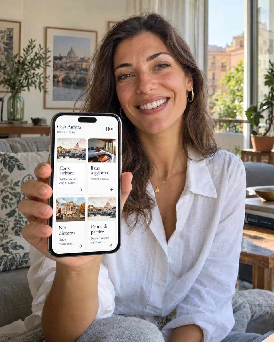 A traveller shows the Casa Aurora digital guide in the Editorial layout on her phone