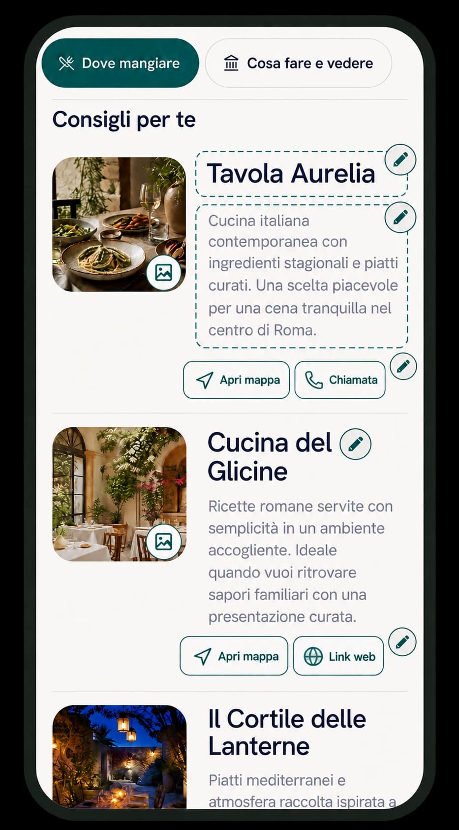Anteprima della personalizzazione dei consigli nel layout Mosaico, con Tavola Aurelia e Cucina del Glicine: immagini, titoli, descrizioni e pulsanti Apri mappa, Chiamata e Link web con controlli di modifica.